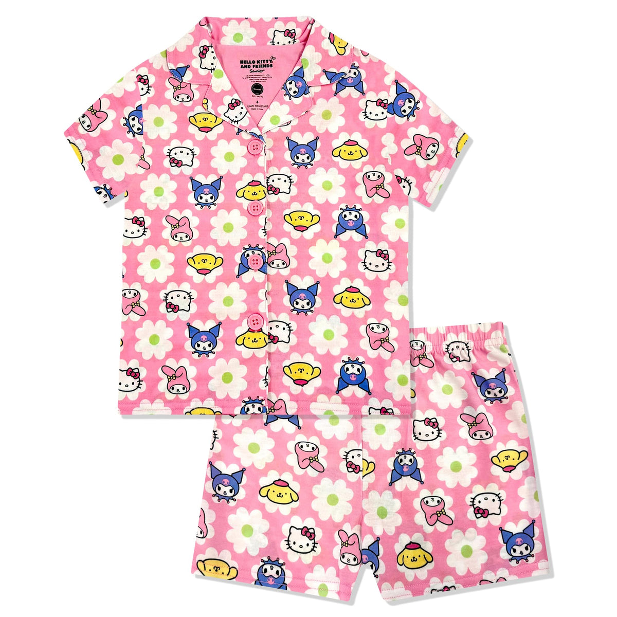Hello Kitty Girls Pajama Set - 2 Piece Cozy Girls Pjs with Button Down Short Sleeve & Shorts For Kids - Official Product