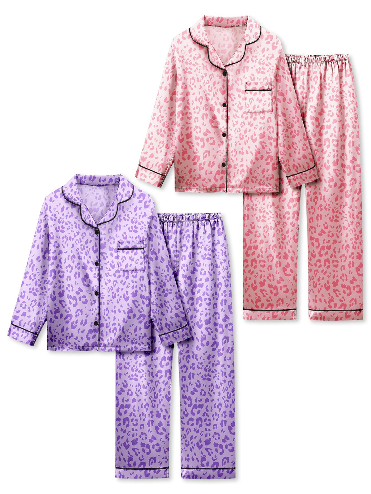 Satin Pajamas for Girls, 4-Piece Long Sleeve Silky Button Down PJ Set