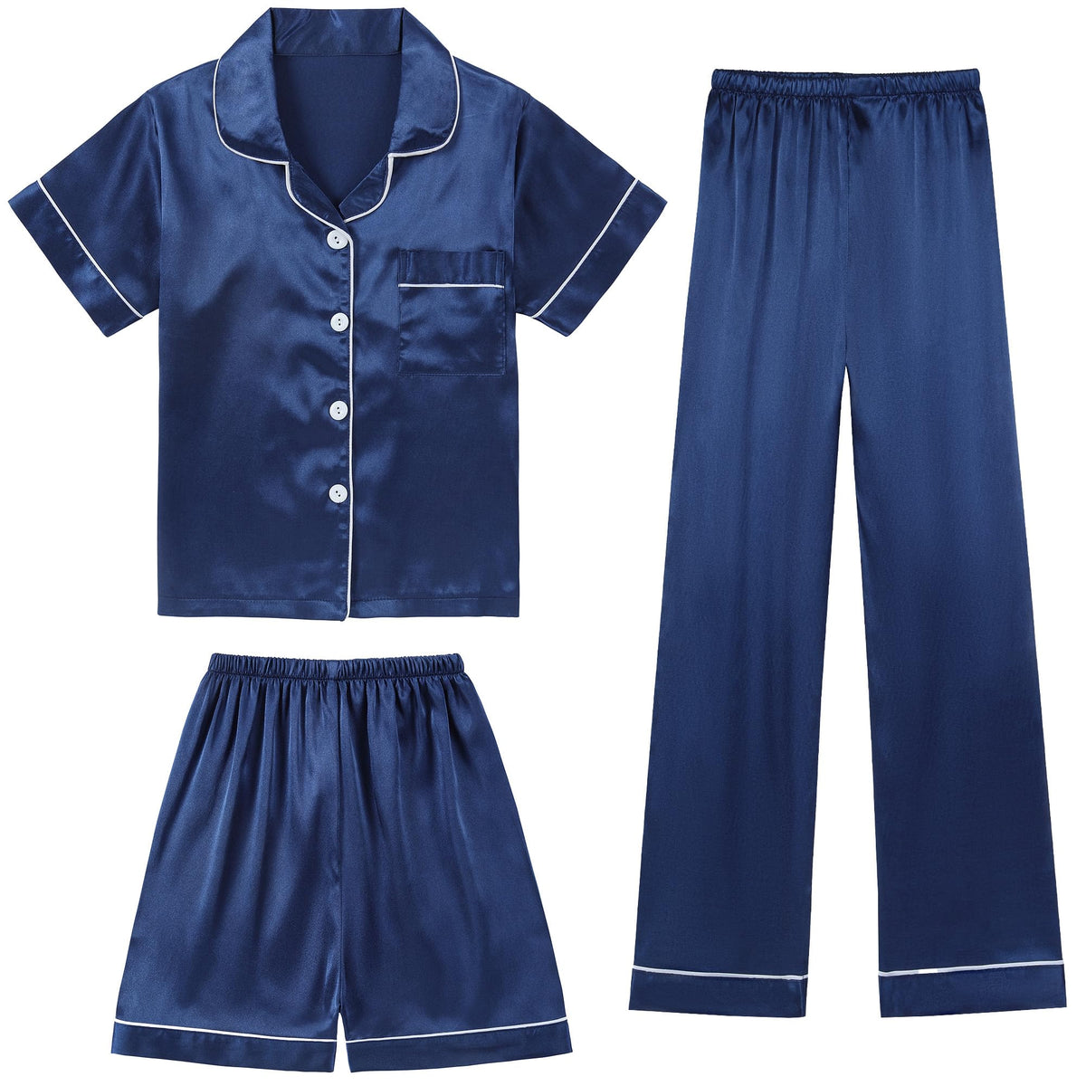 DIPUG Girls Pajamas 3 Pcs Satin PJs Set Silky Soft Sleepwear for Ages 4-13