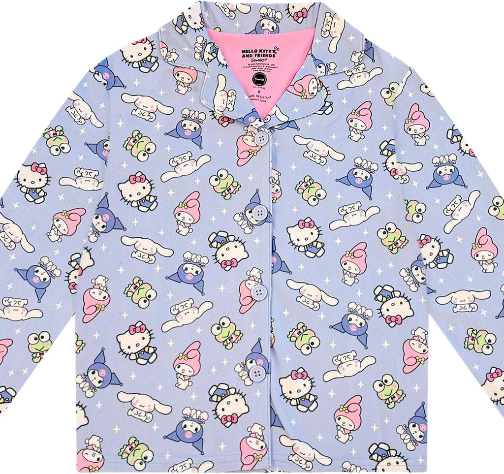 Hello Kitty and Friends Girls Pajama Set - 2 Piece Cozy Girls Pjs Button Down Long Sleeve & Pants For Kids - Official Product
