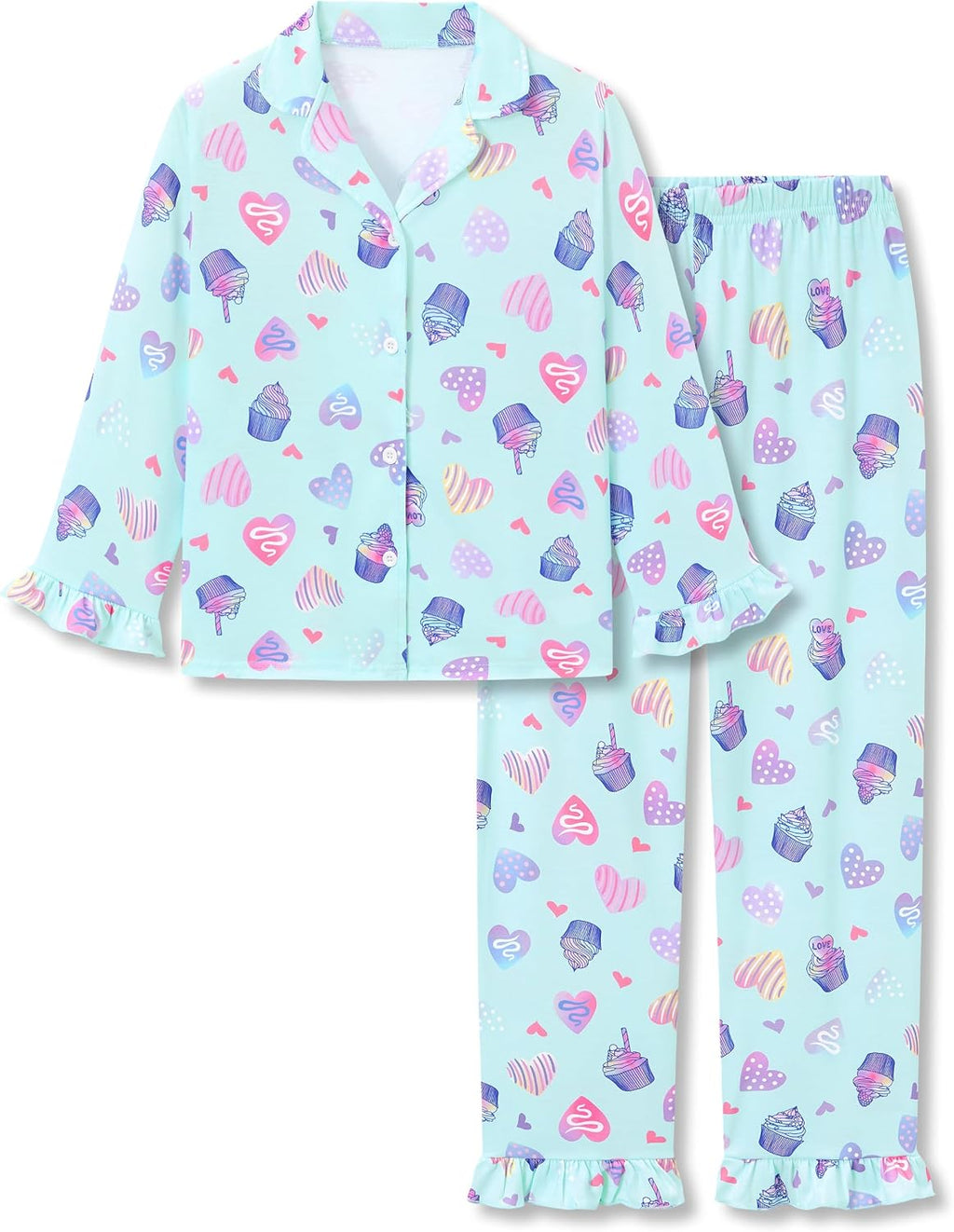 Beezizac Girls Cartoon Ruffle Long Sleeve Button Down Pajama Set Sizes 6-18