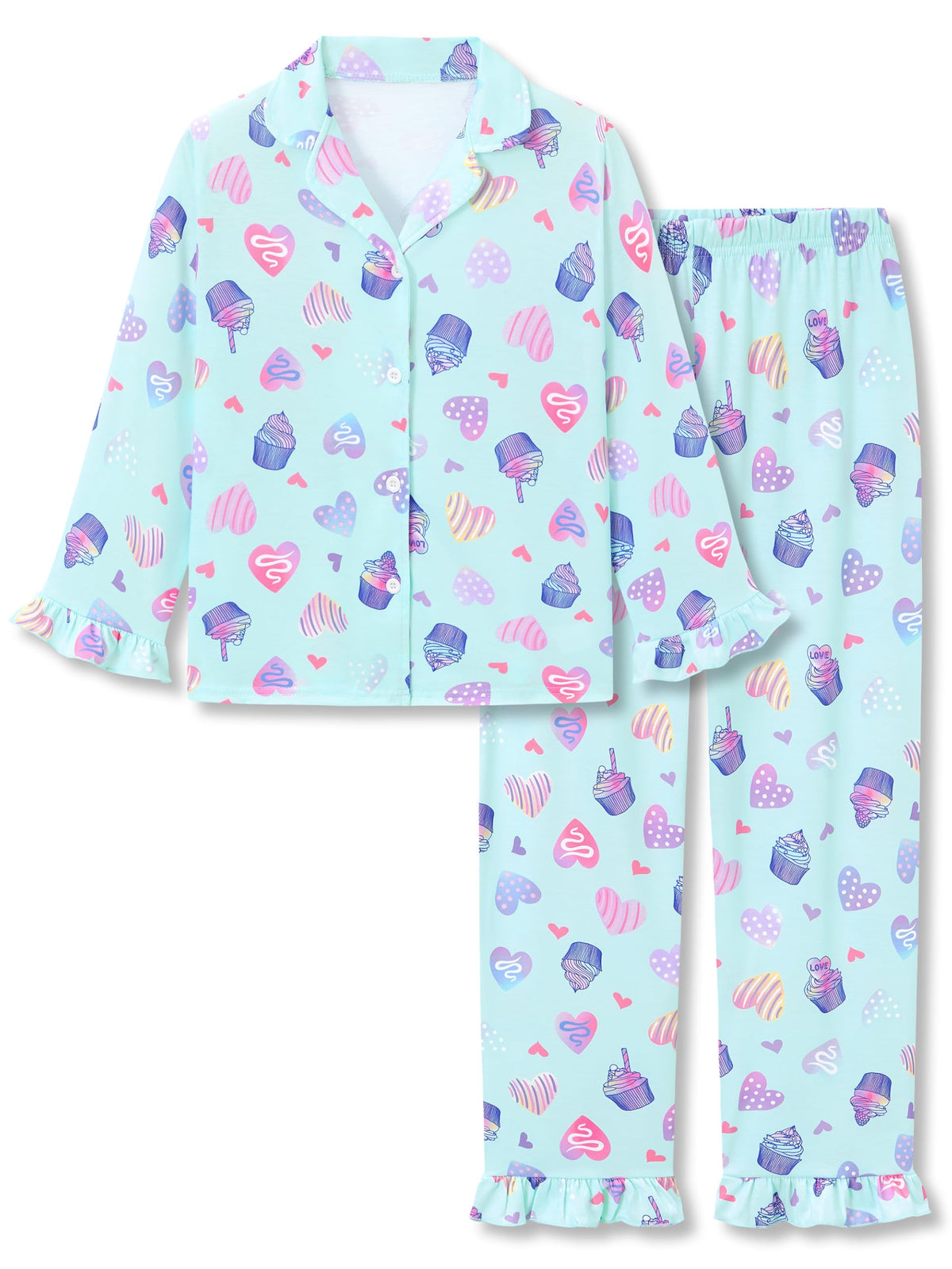 Beezizac Girls Cartoon Ruffle Long Sleeve Button Down Pajama Set Sizes 6-18