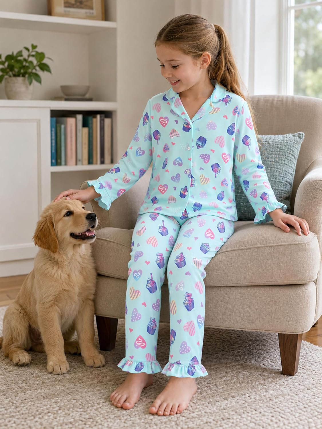 Beezizac Girls Cartoon Ruffle Long Sleeve Button Down Pajama Set Sizes 6-18