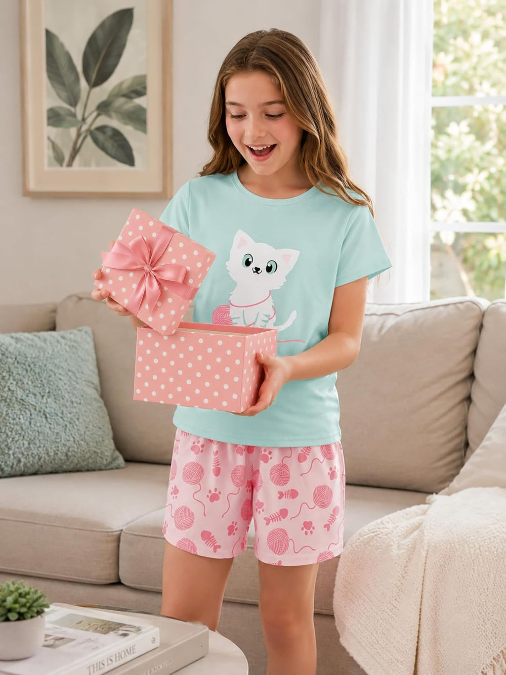 Beezizac Girls Cotton Blend Pajamas Cute Print Short Sleeve Set 4T-18