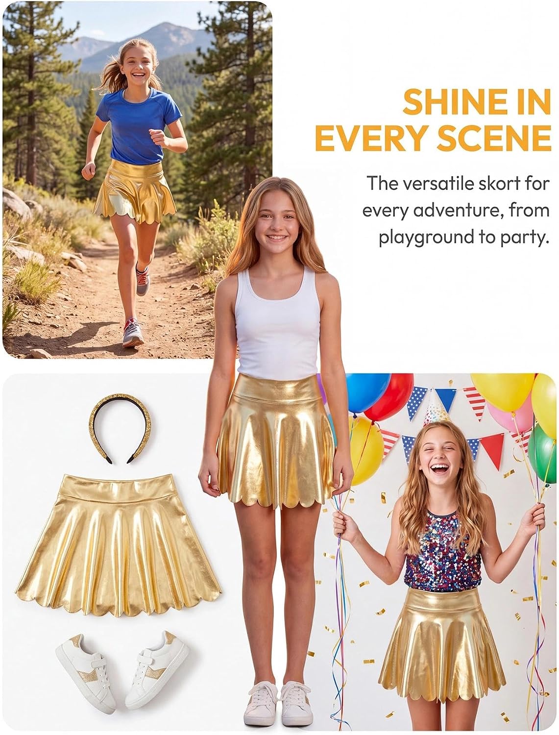 Bestsister Girls Metallic Skater Skorts Scallop Edge High Waist Mini Skirts