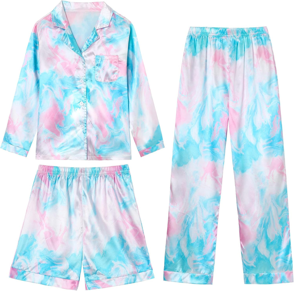 CARETOO Girls Pajamas 3 Piece Satin Long Sleeve Long Pants with Shorts PJs Set for Girls Kids Sleepwear 3-10 Years