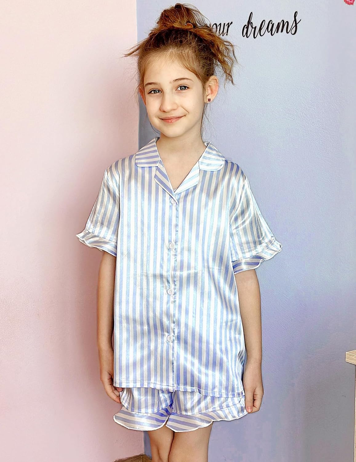 Arshiner Girls Pajamas Sets 3 Piece Satin Pjs Short Sleeve Silky Sleepwear
