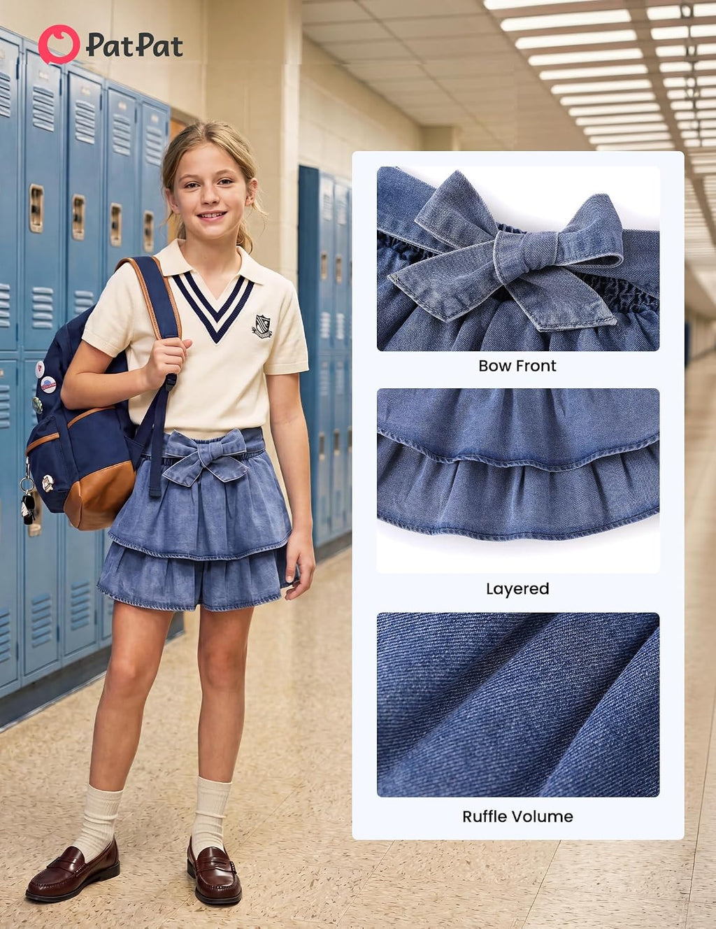 PATPAT Girls Denim Skirt Elastic Waist Jean Skort with Shorts Underneath