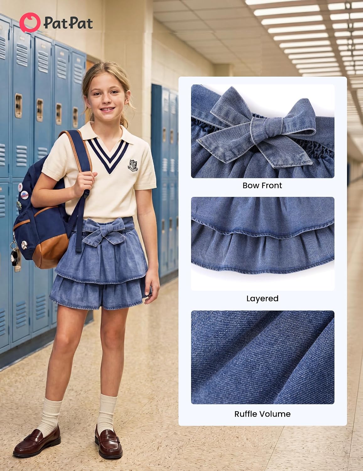 PATPAT Girls Denim Skirt Elastic Waist Jean Skort with Shorts Underneath