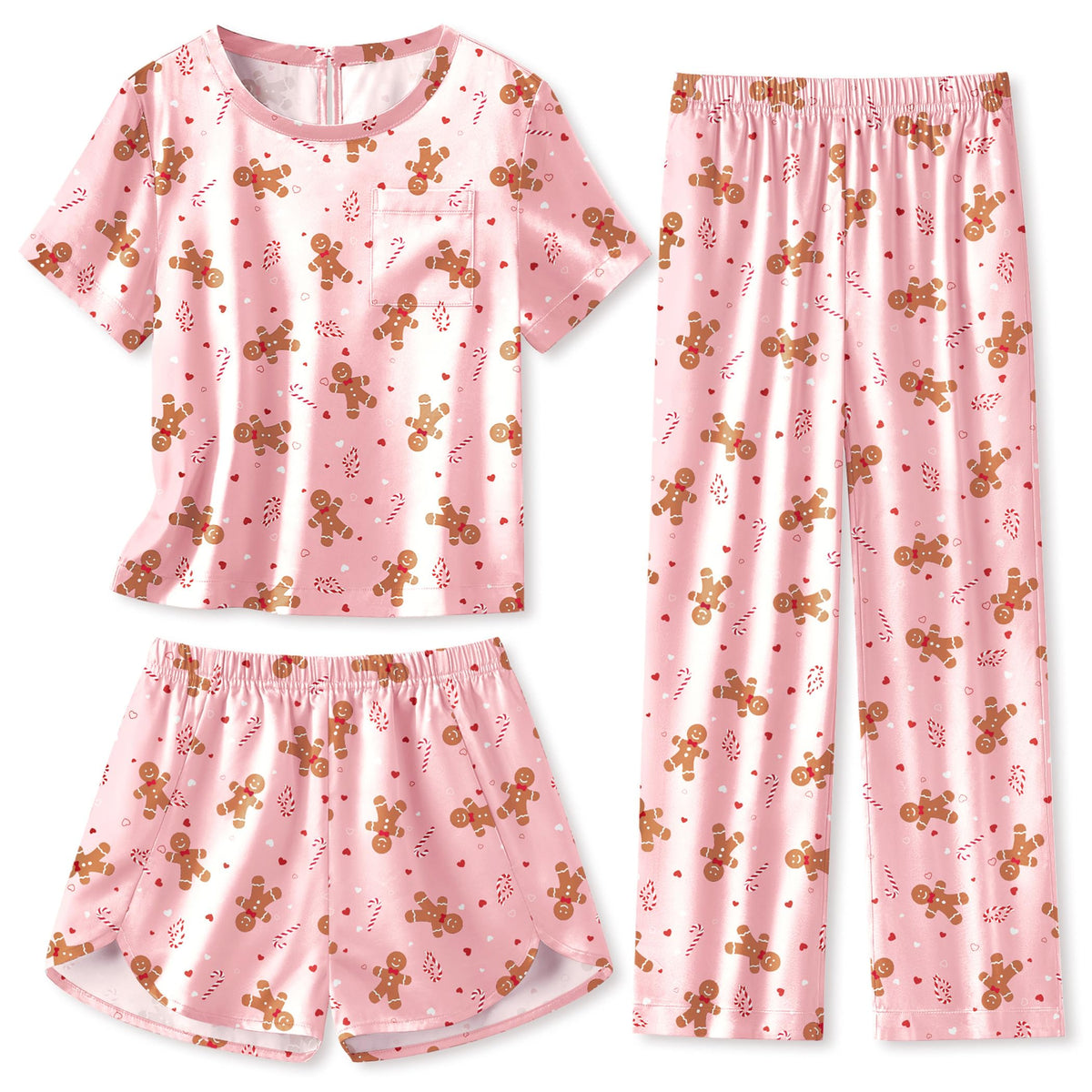 Arshiner Silky Girls Pajamas 3 Pcs Satin Short Sleeve Pjs Sleepwear Sets