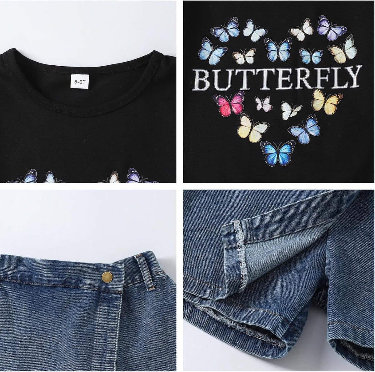 Girls Summer Clothes Butterfly Print Short Sleeve Tops and Denim Skirt Shorts Set Cute Outfits for Kids Girls 5-12Y