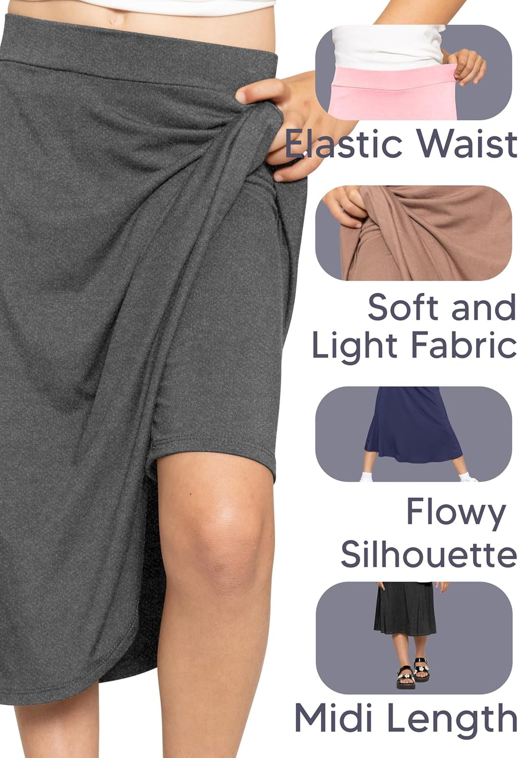 STRETCH IS COMFORT Girl's Midi Length Aline Skirt with Built-in Shorts | Size 4-16