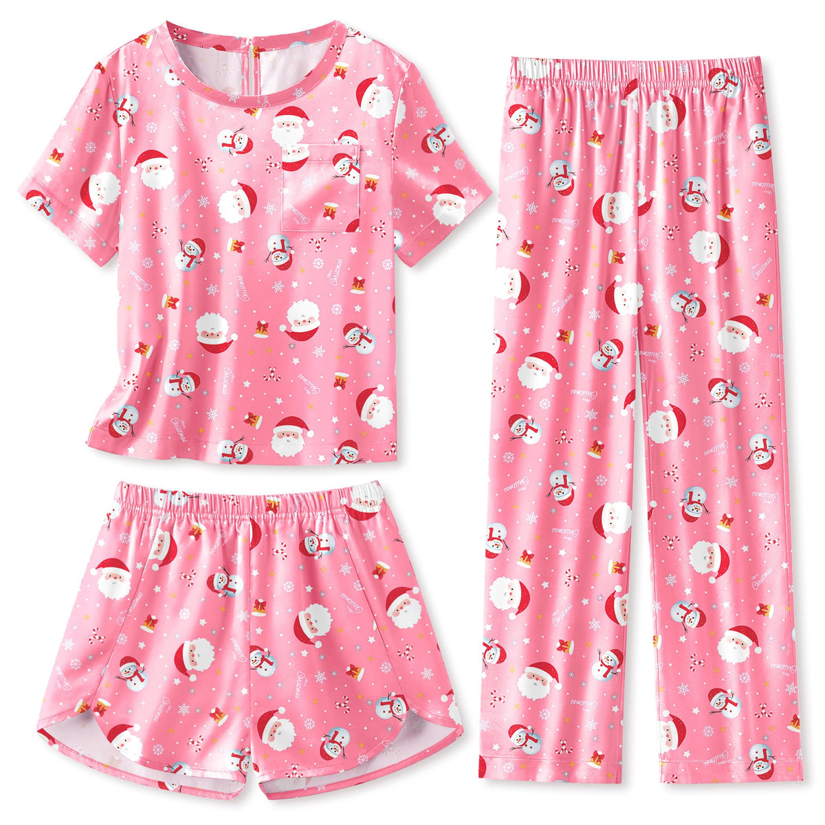 Arshiner Silky Girls Pajamas 3 Pcs Satin Short Sleeve Pjs Sleepwear Sets
