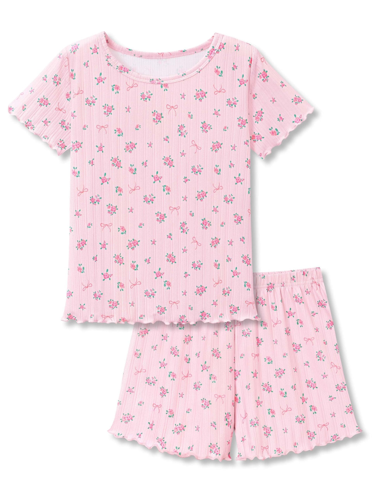 Beezizac Girls Pointelle Pajama Floral Print Short Sleeve Set Sizes 6-18