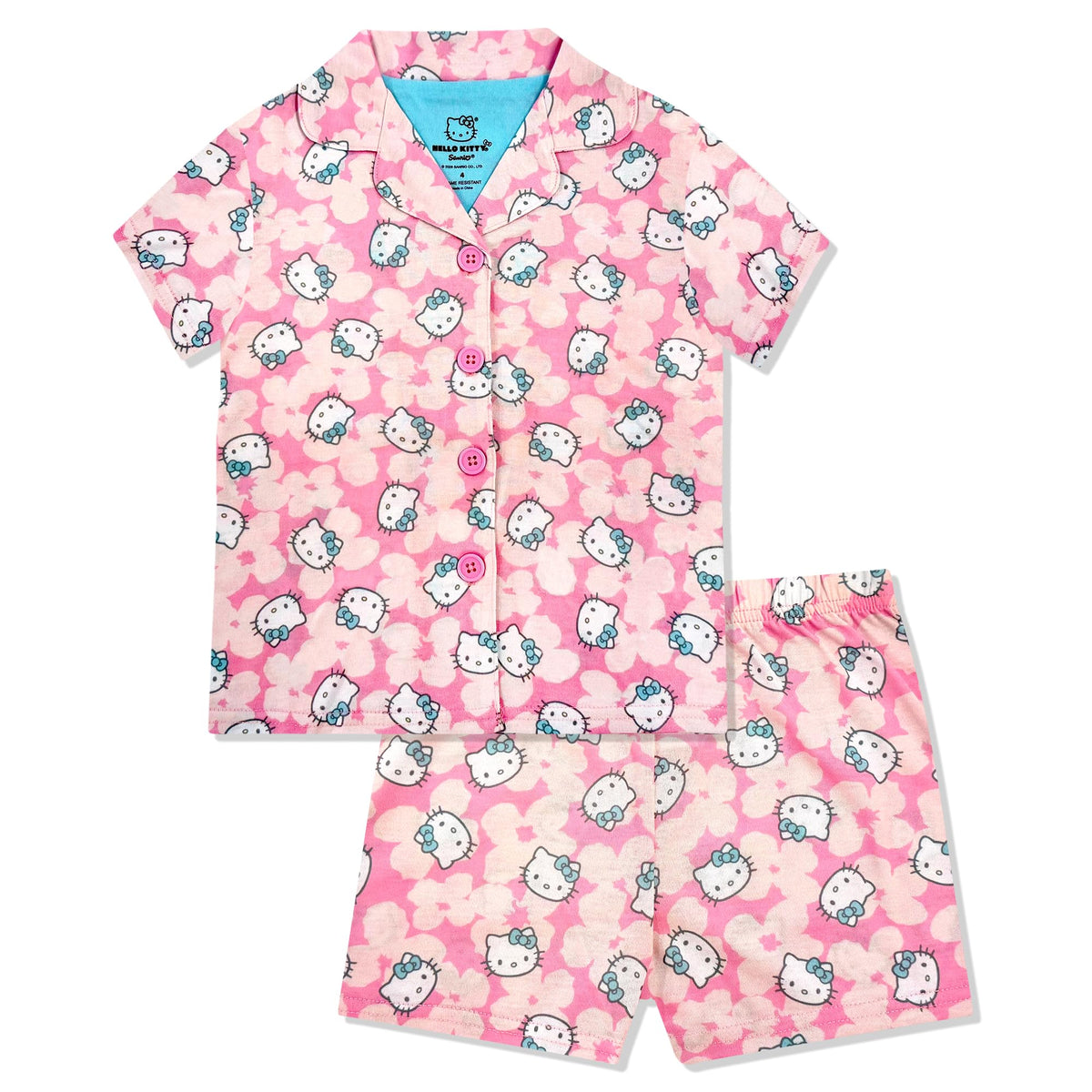 Hello Kitty Girls Pajama Set - 2 Piece Cozy Girls Pjs with Button Down Short Sleeve & Shorts For Kids - Official Product
