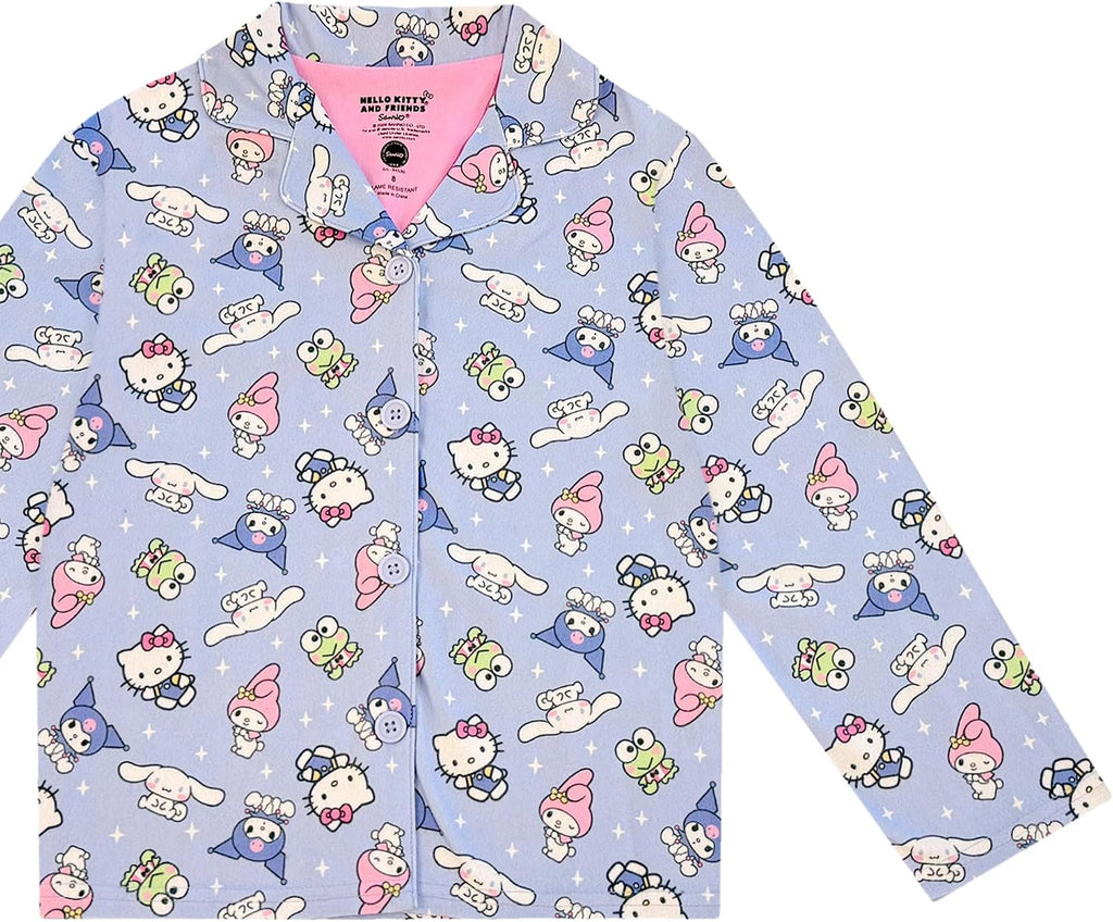 Hello Kitty and Friends Girls Pajama Set - 2 Piece Cozy Girls Pjs Button Down Long Sleeve & Pants For Kids - Official Product