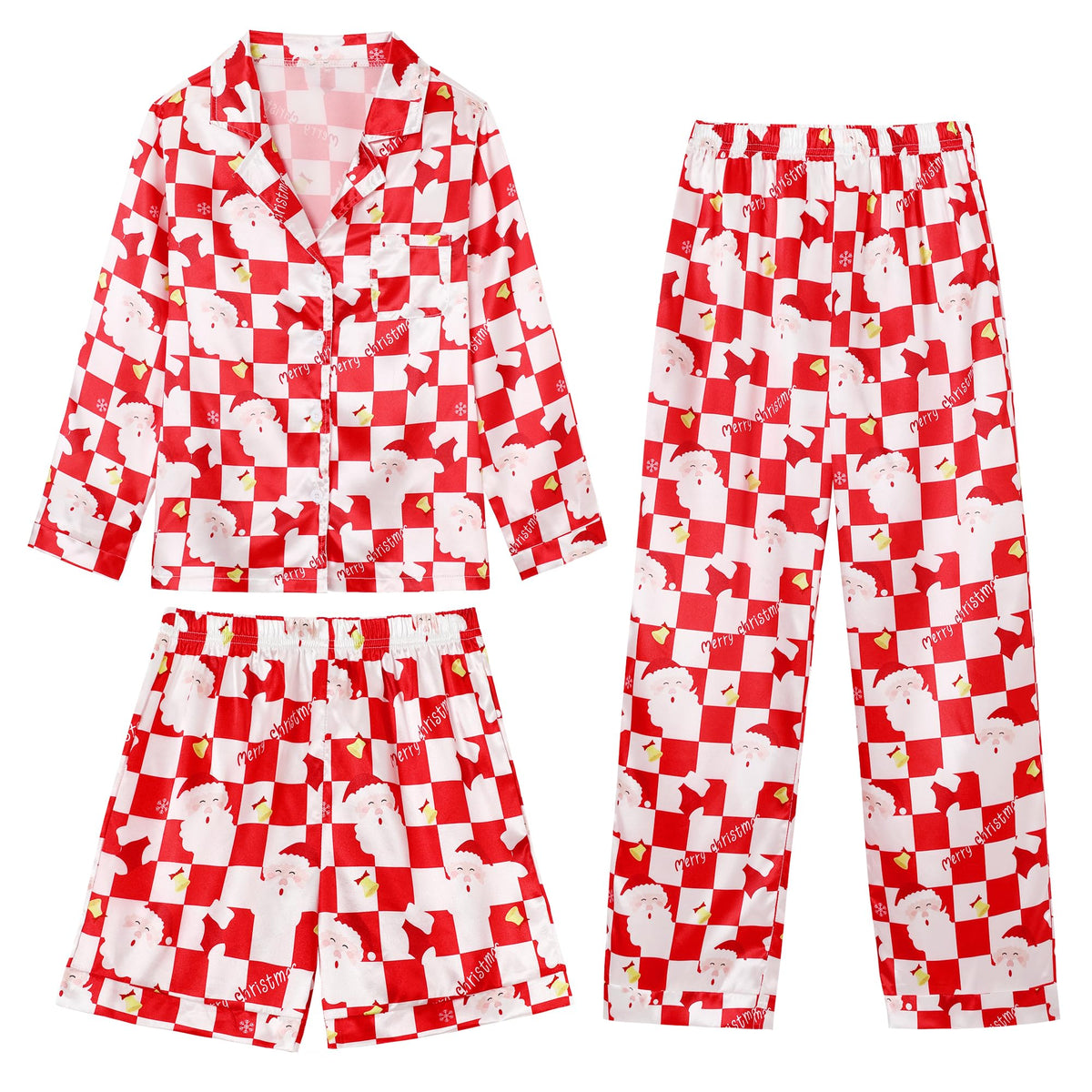CARETOO Girls Pajamas 3 Piece Satin Long Sleeve Long Pants with Shorts PJs Set for Girls Kids Sleepwear 3-10 Years