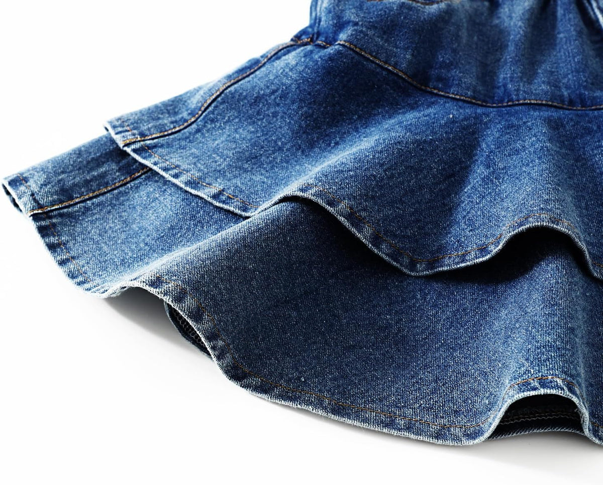 3-13Y Girls' Elastic Denim Skort, Mini Flared Pleated with Built-in Shorts