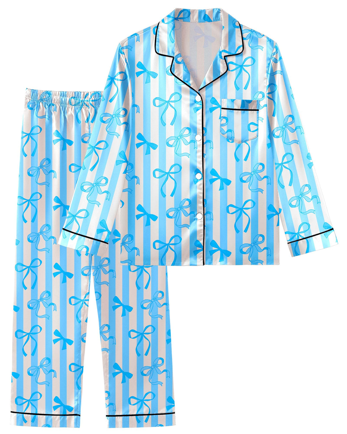 Girls Pajamas Satin Pajama Set Silky Bow Pjs Long Sleeve Button Down Sleepwear Loungewear Sets for Big Kids 7-14Y