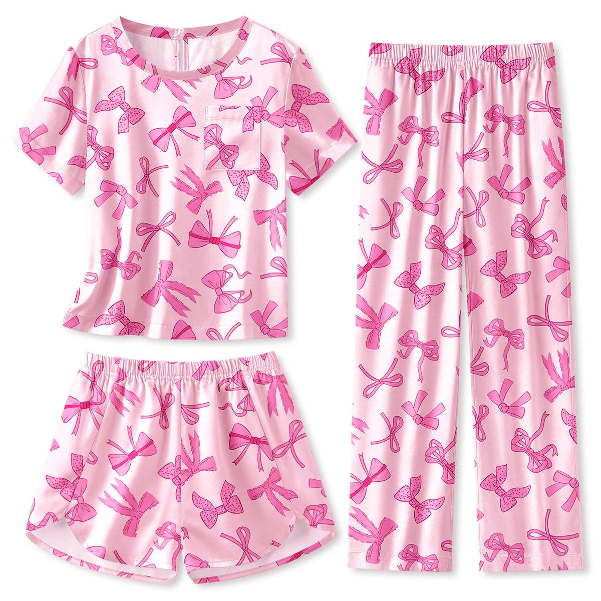 Arshiner Silky Girls Pajamas 3 Pcs Satin Short Sleeve Pjs Sleepwear Sets