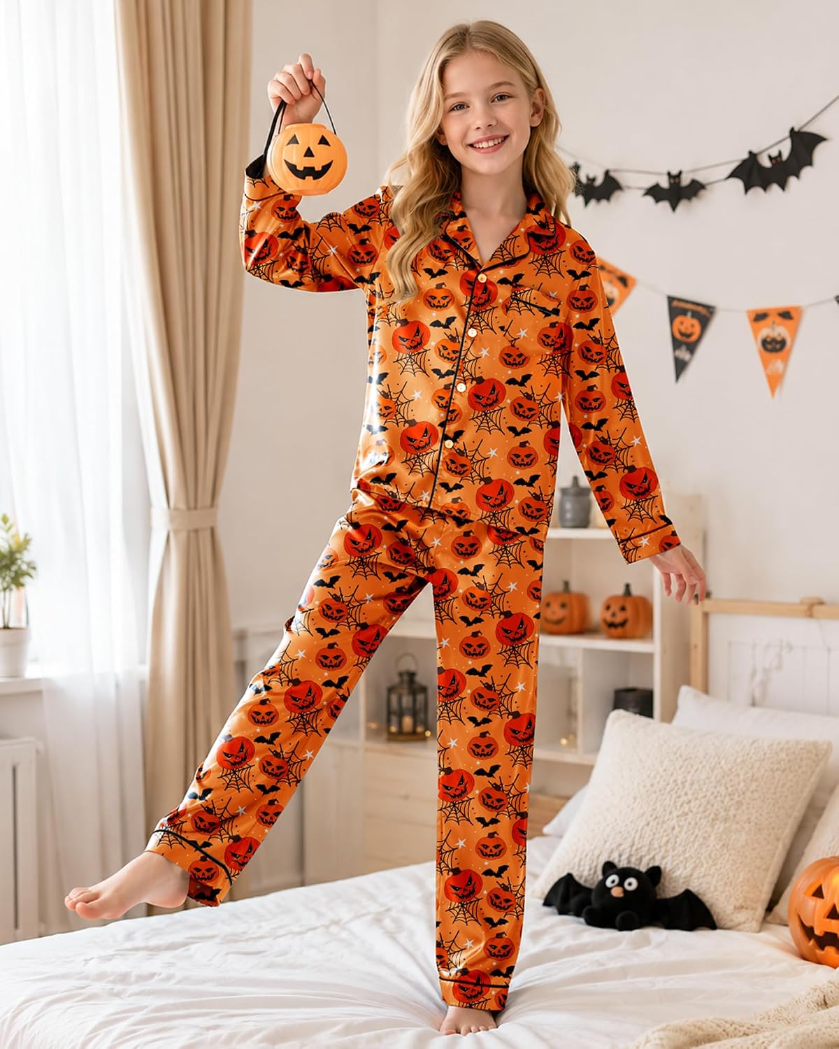 Girls Pajamas Satin Pajama Set Silky Bow Pjs Long Sleeve Button Down Sleepwear Loungewear Sets for Big Kids 7-14Y