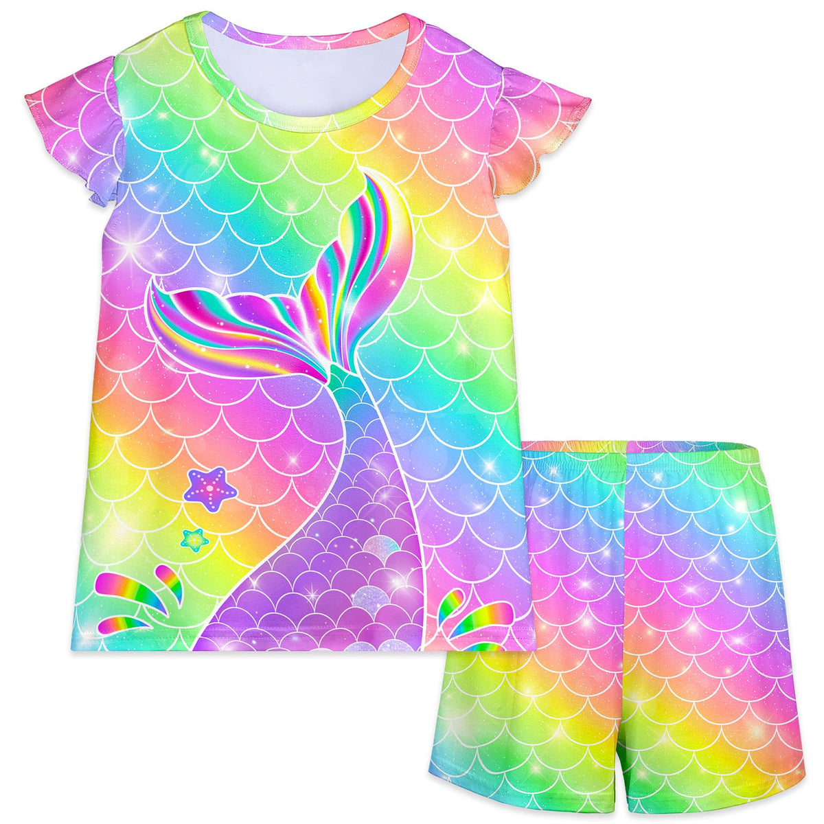 MHJY Girls 2-Piece Pajama Set Flutter Sleeve Breathable Sleepwear for Kids