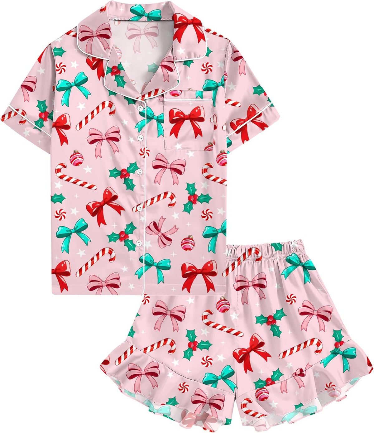 UNIFACO Girls Silk Satin Pajama Set, Short Sleeve Button Down PJs