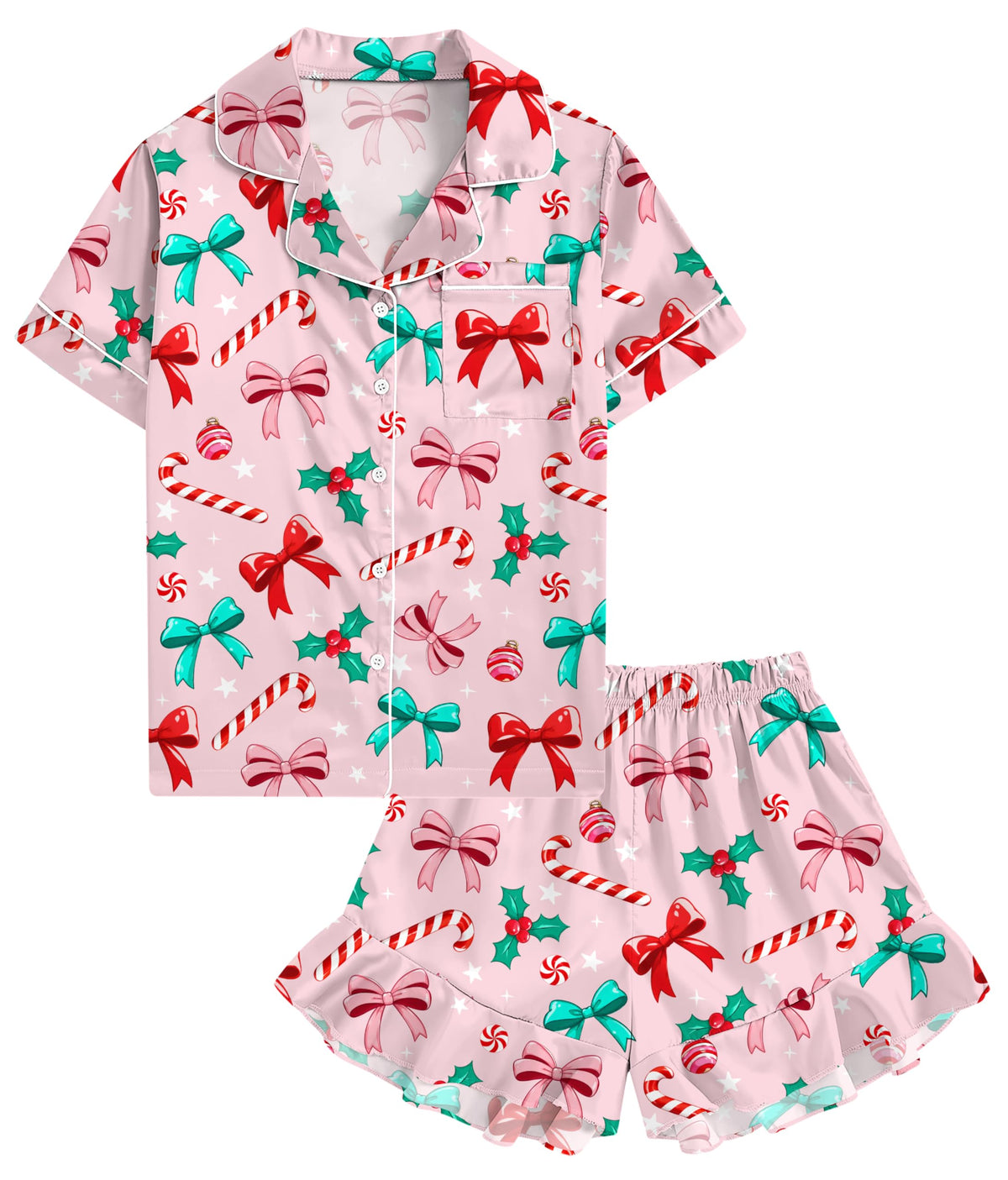 UNIFACO Girls Silk Satin Pajama Set, Short Sleeve Button Down PJs