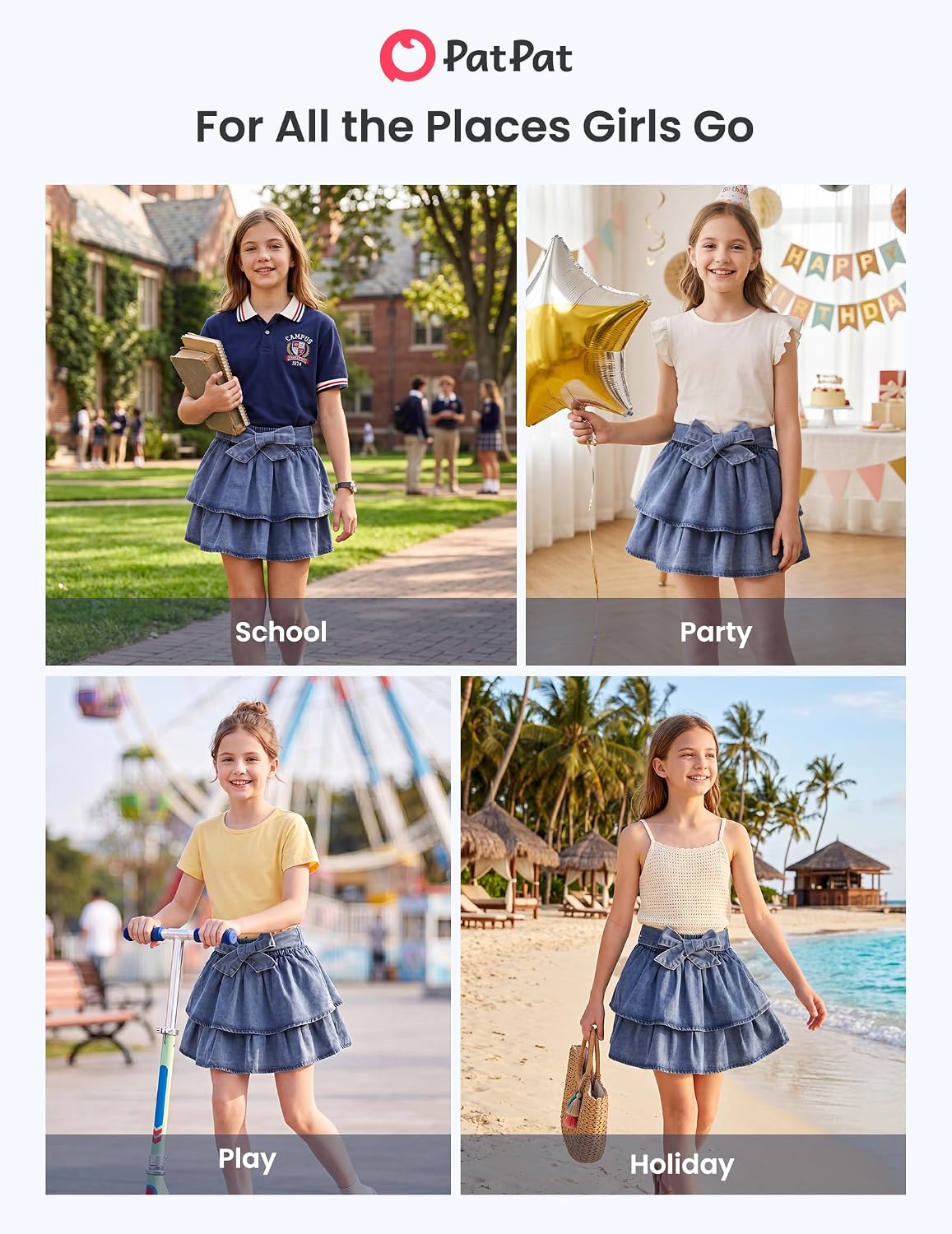 PATPAT Girls Denim Skirt Elastic Waist Jean Skort with Shorts Underneath