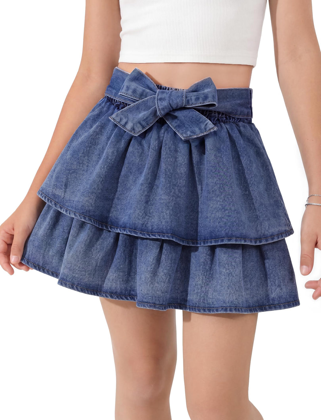 PATPAT Girls Denim Skirt Elastic Waist Jean Skort with Shorts Underneath