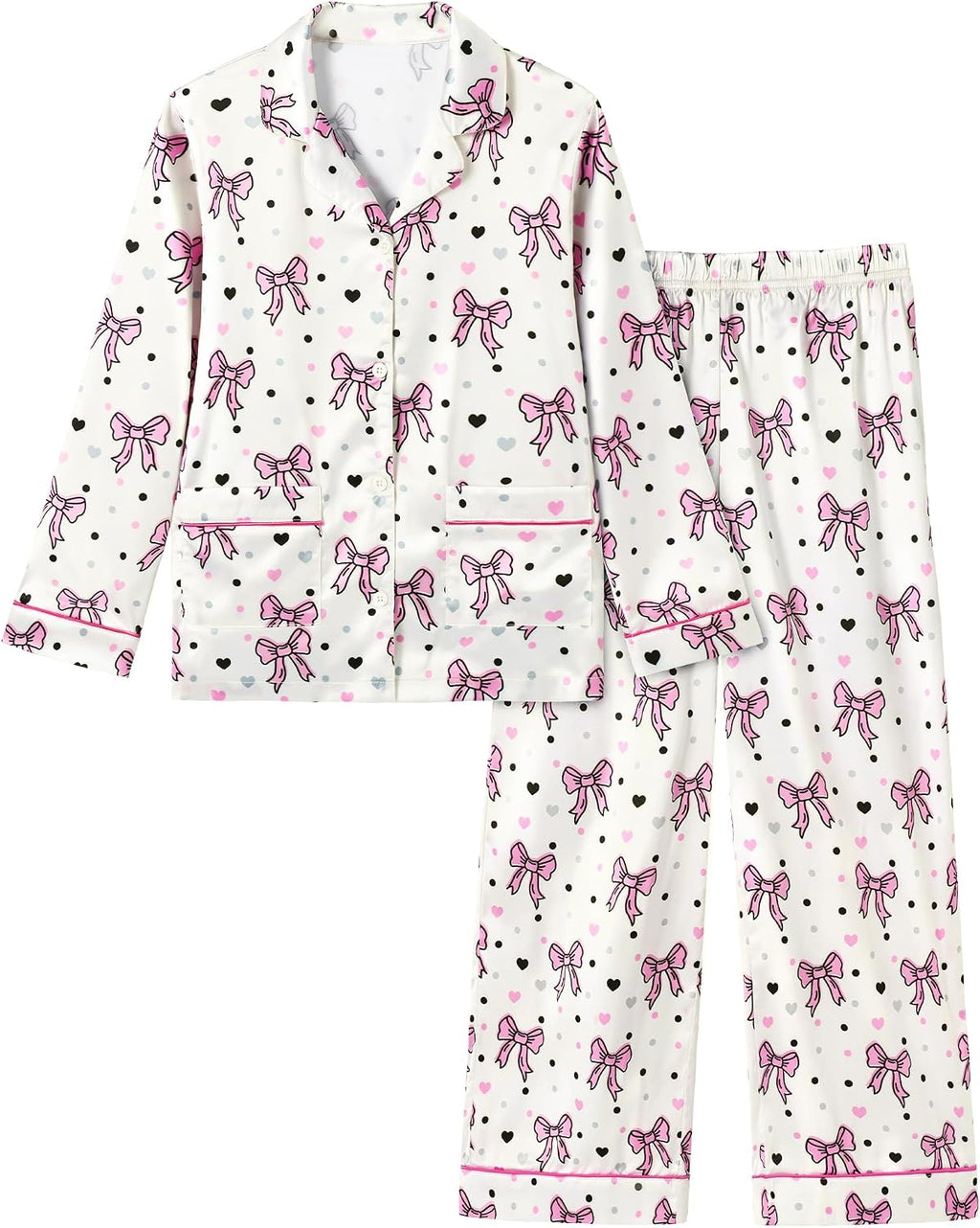 CARETOO Girls Pajama Set Satin Button-Down Long Sleeve Soft Sleepwear 5-14Y