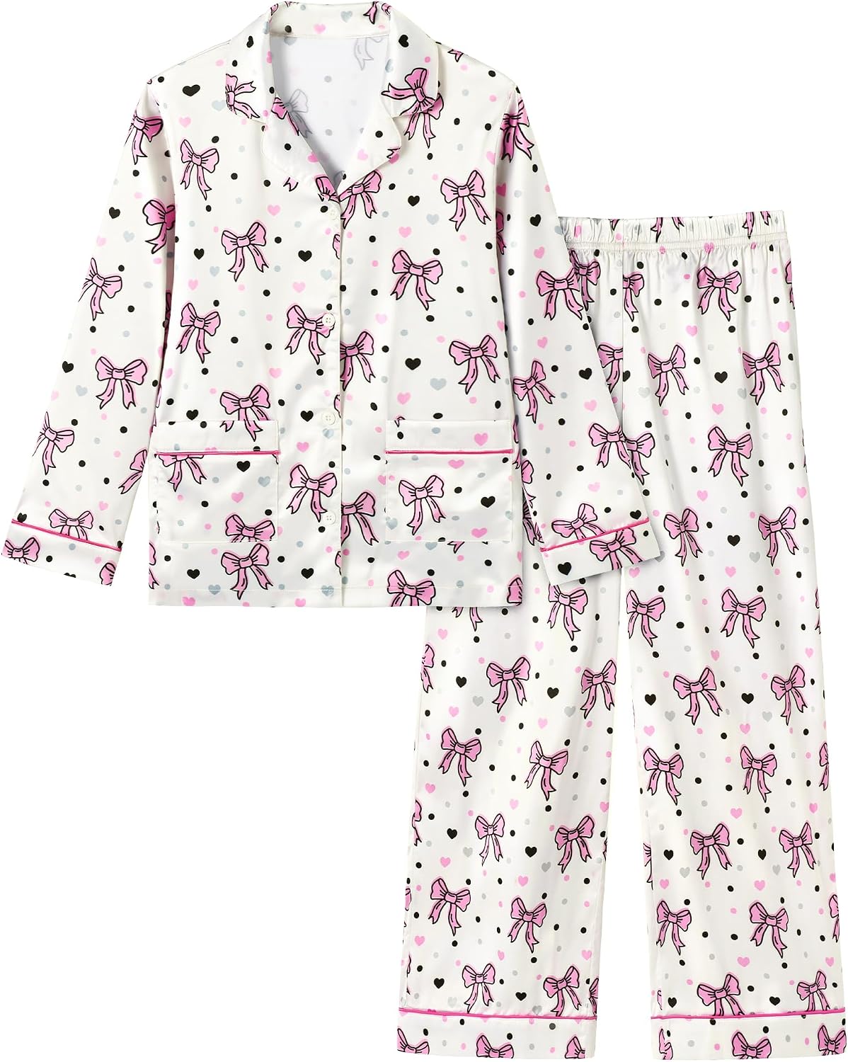 CARETOO Girls Pajama Set Satin Button-Down Long Sleeve Soft Sleepwear 5-14Y