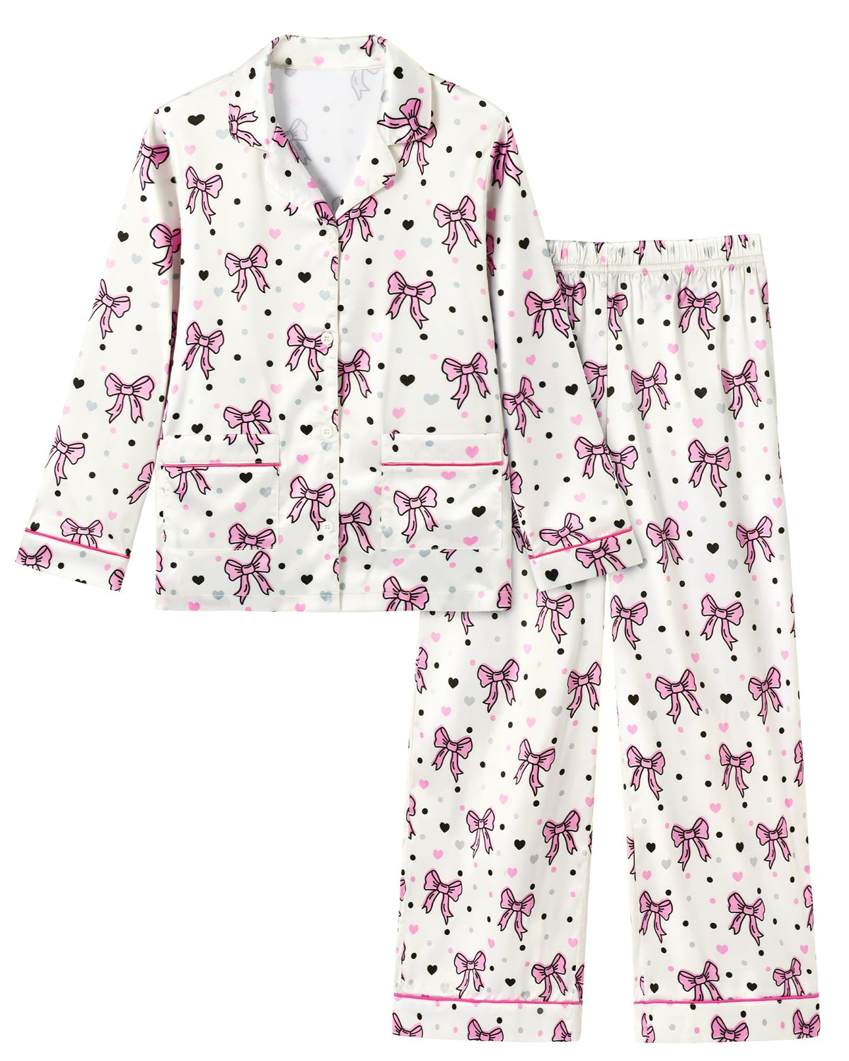 CARETOO Girls Pajama Set Satin Button-Down Long Sleeve Soft Sleepwear 5-14Y