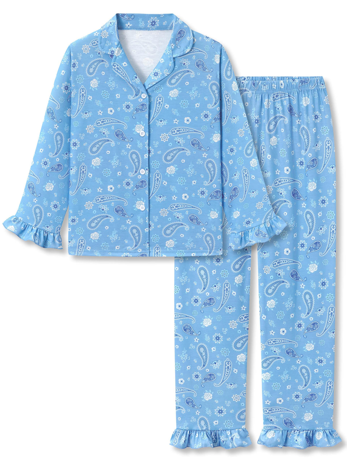 Beezizac Girls Cartoon Ruffle Long Sleeve Button Down Pajama Set Sizes 6-18