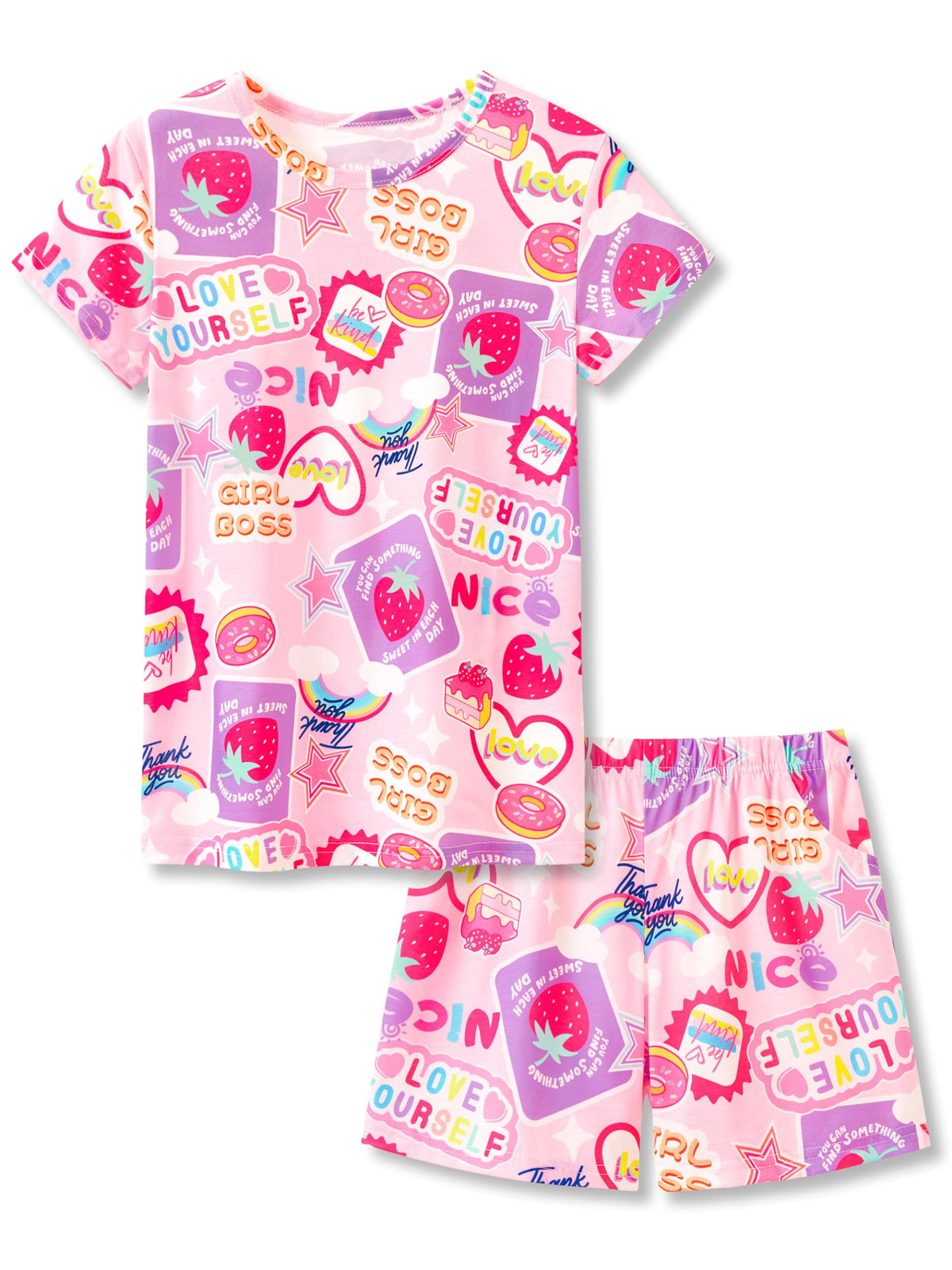 Beezizac Girls Pajamas Neon Tie Dye Spiral Capybara Smiling Face Print T-shirt & Shorts 2-Piece Soft PJ Set Size 6-18