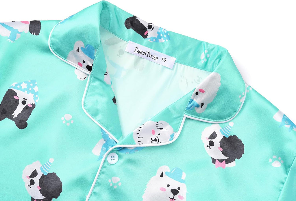 Beezizac Girls Pajamas Satin Silky Coat Style Short Sleeve Set Size 6-16