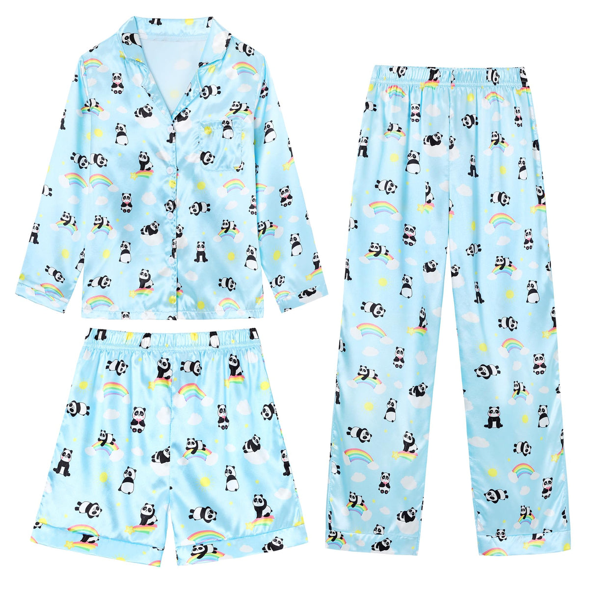 CARETOO Girls Pajamas 3 Piece Satin Long Sleeve Long Pants with Shorts PJs Set for Girls Kids Sleepwear 3-10 Years