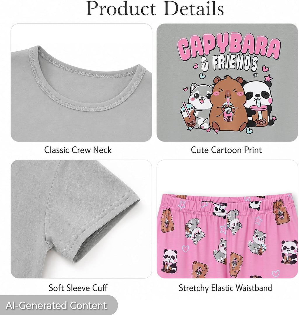 Topgal Girls Short Sleeve Pajamas, 2-Piece Top and Pants, Sizes 6-18