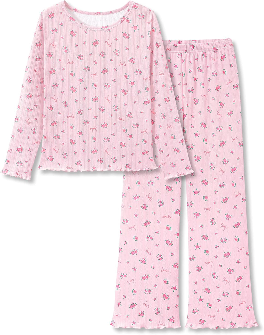 Beezizac Girls Pointelle Pajamas Long Sleeve Wide Leg 2-Piece Set Size 6-18