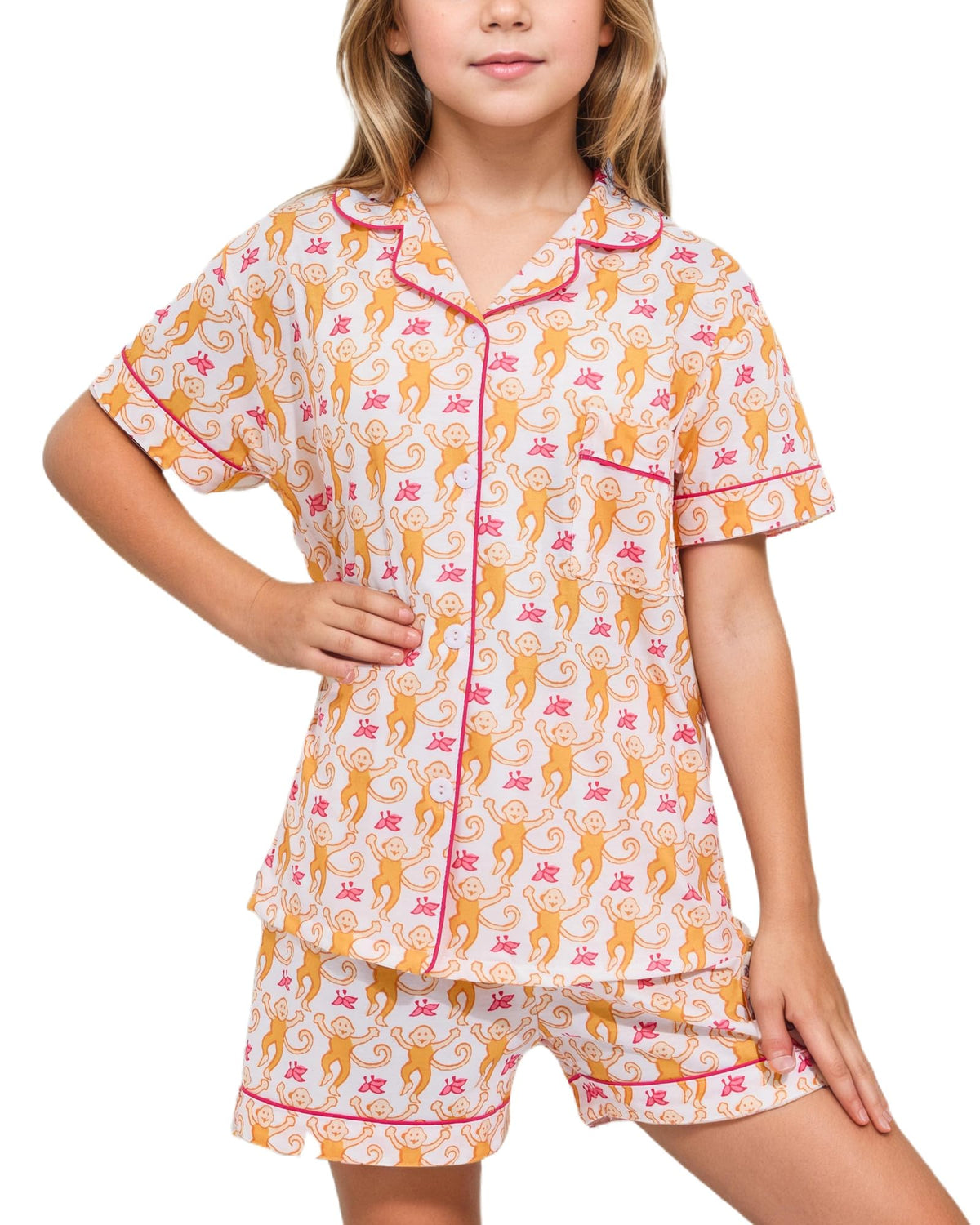 Girls Pajamas Sets, Kids Monkey Button Down Sleepover Loungewear