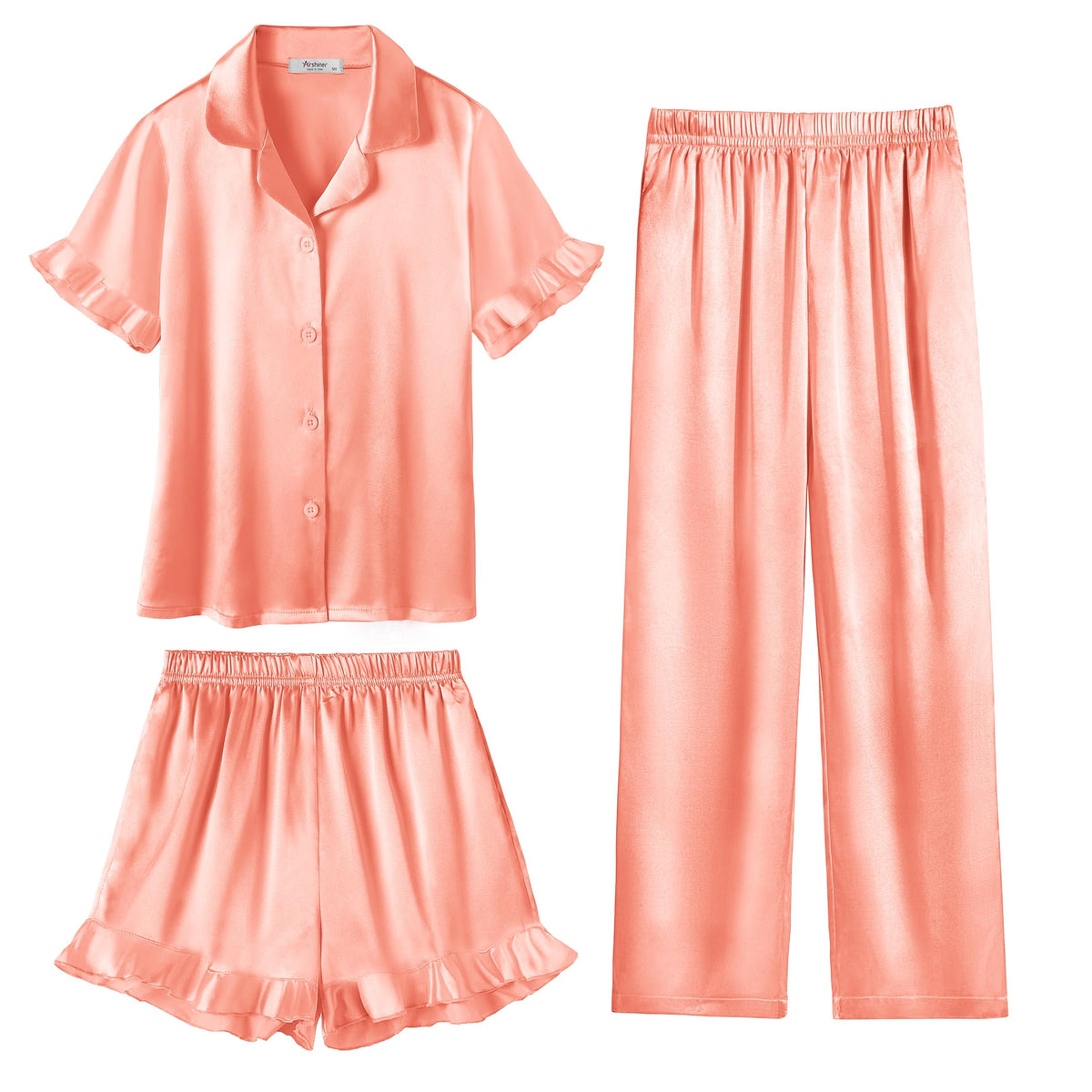 Arshiner Girls Pajamas Sets 3 Piece Satin Pjs Short Sleeve Silky Sleepwear