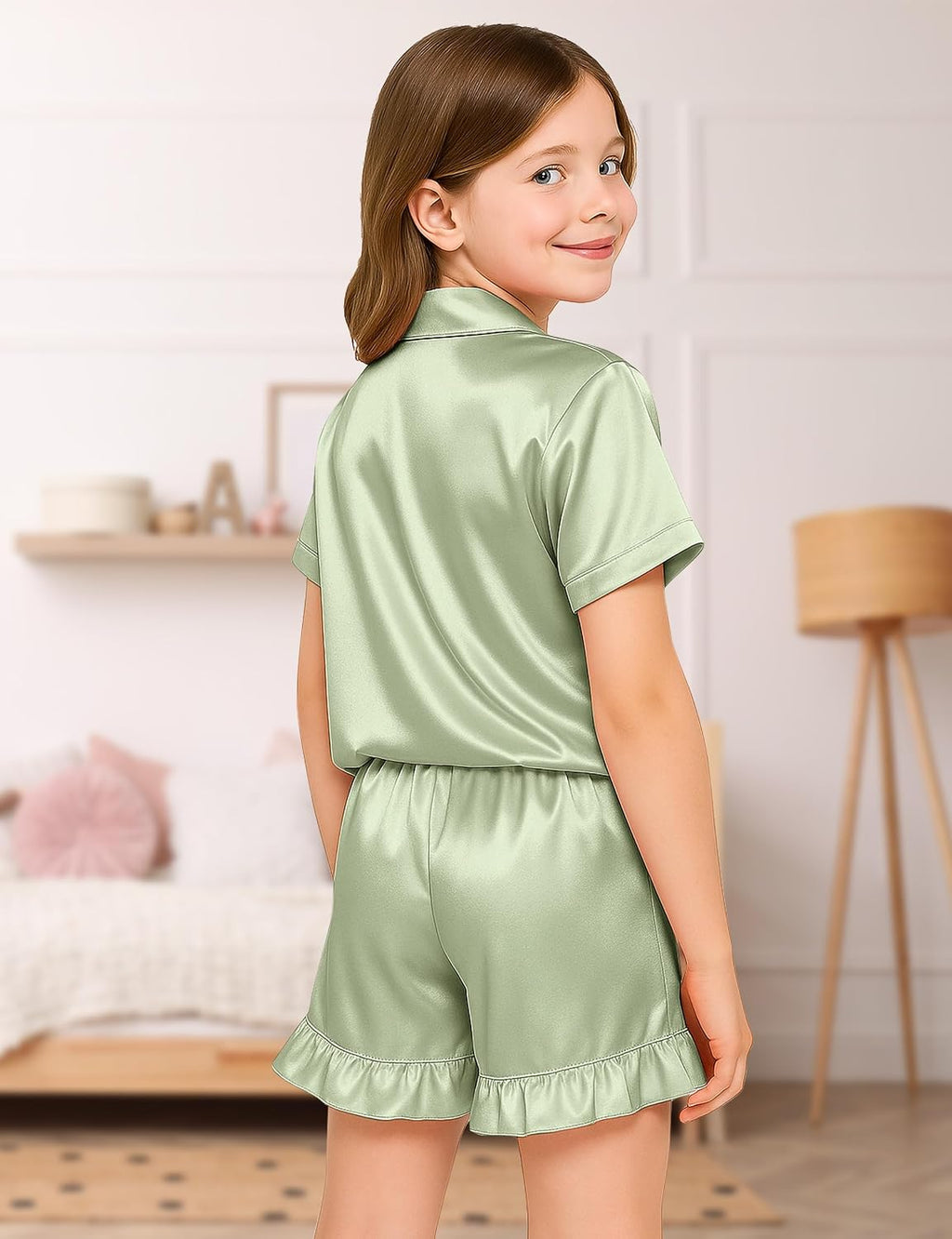 Kids Silk Pajamas Girls Satin Pajamas 2 Pcs Girls Ruffle Pjs Set