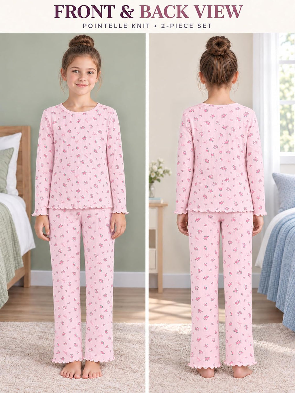 Beezizac Girls Pointelle Pajamas Long Sleeve Wide Leg 2-Piece Set Size 6-18