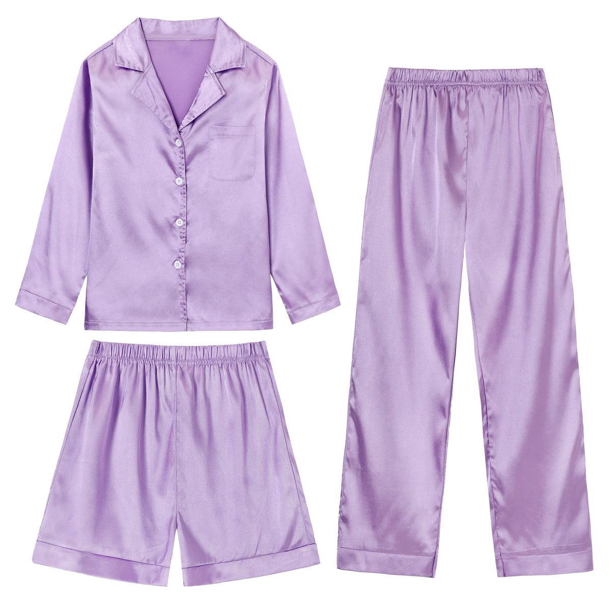 CARETOO Girls Pajamas 3 Piece Satin Long Sleeve Long Pants with Shorts PJs Set for Girls Kids Sleepwear 3-10 Years
