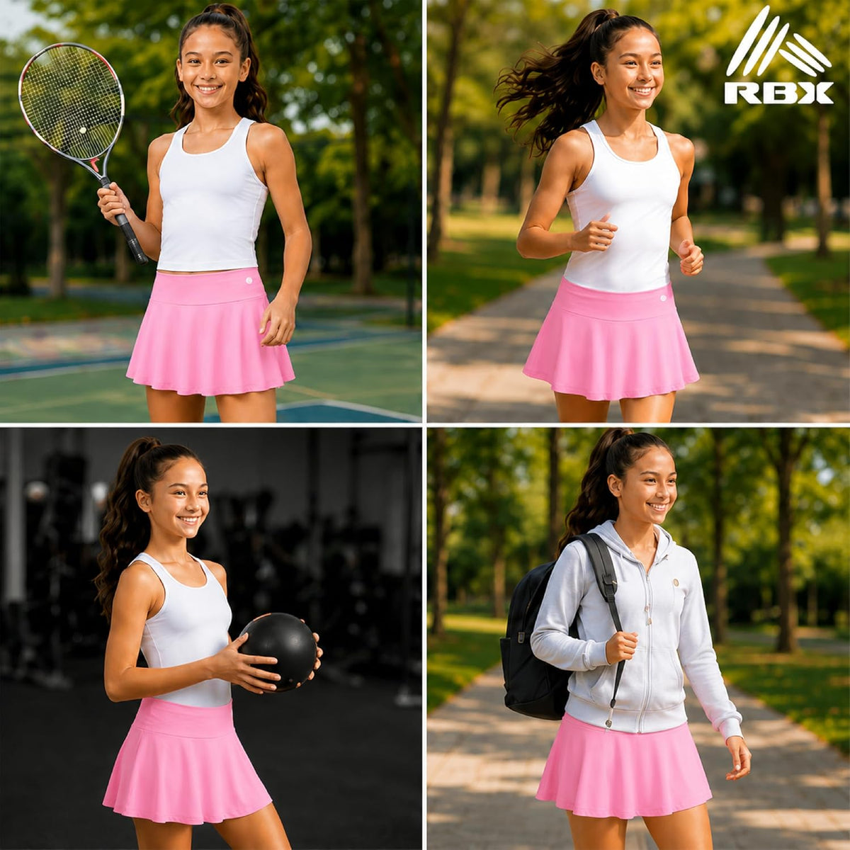 RBX Girls 2 Pack Pleated Skort, Tennis Golf Skirt, Bike Short Lining, 7-16