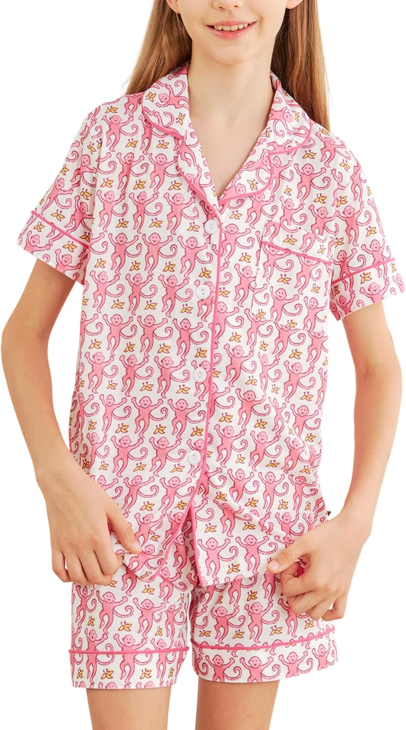 Girls Pajamas Sets, Kids Monkey Button Down Sleepover Loungewear