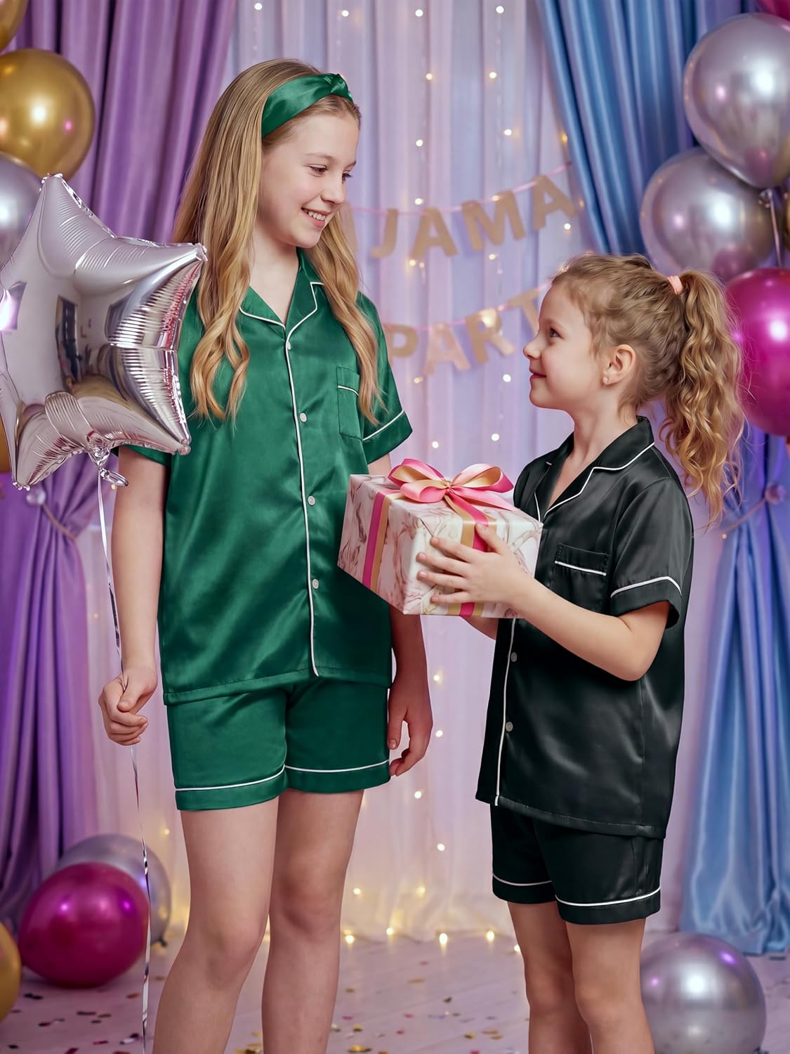 IHU Girls Pajamas Silk Satin PJs Boys Button Down Short Sleeve Shorts Set