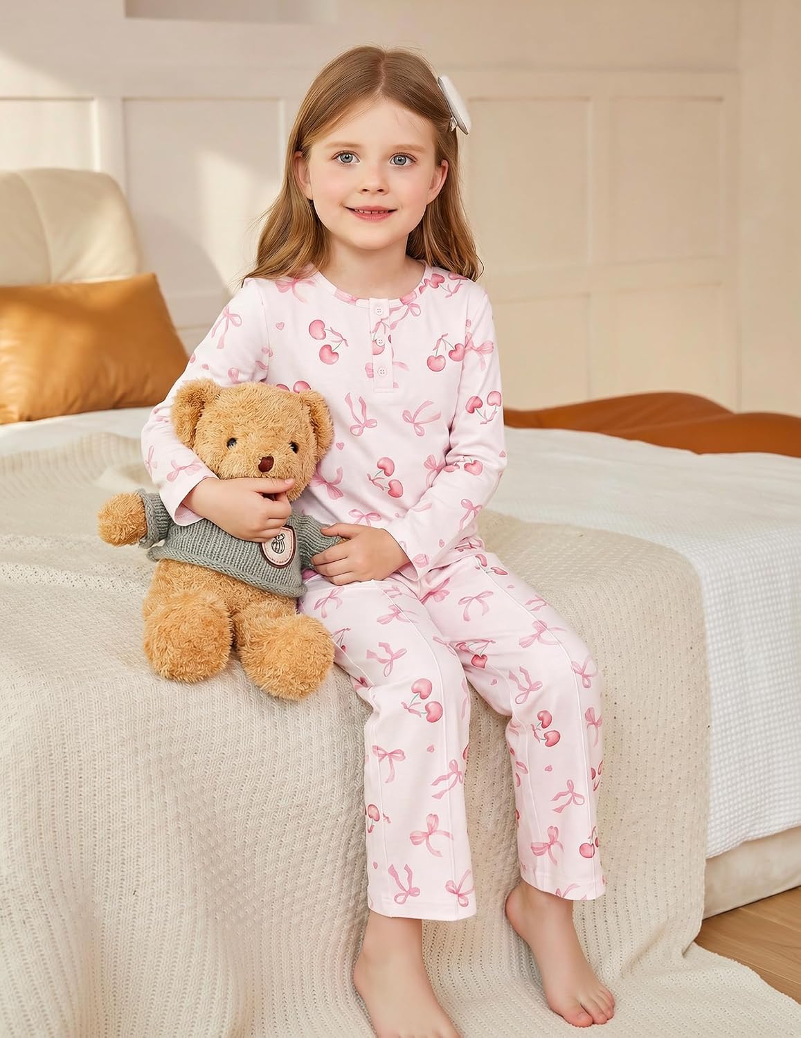 Arshiner Girls Pajamas Long Sleeve Sleepwear Comfy Henley Neck Pjs Set
