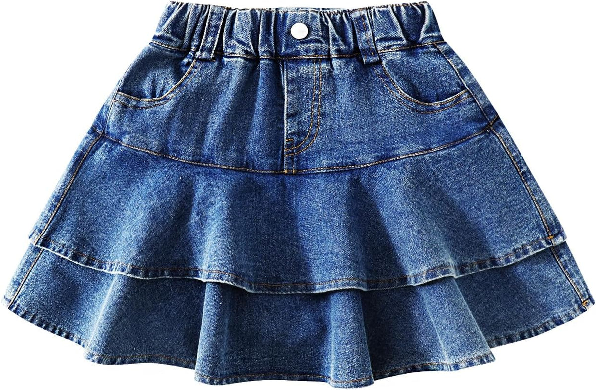 3-13Y Girls' Elastic Denim Skort, Mini Flared Pleated with Built-in Shorts