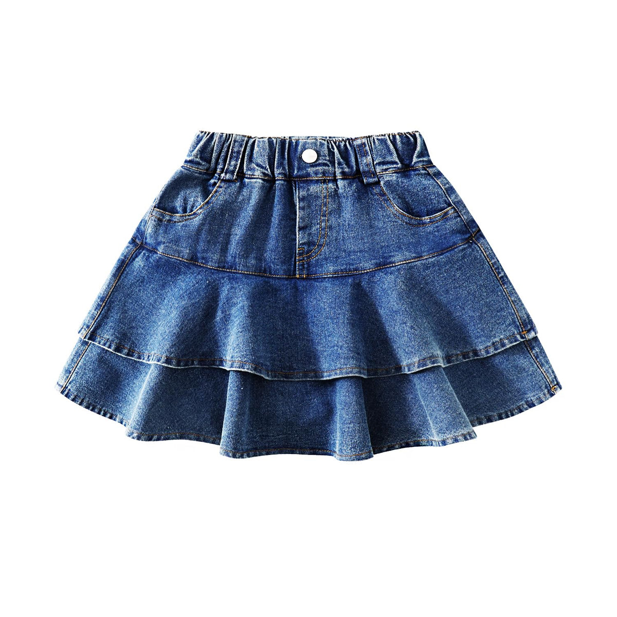 3-13Y Girls' Elastic Denim Skort, Mini Flared Pleated with Built-in Shorts